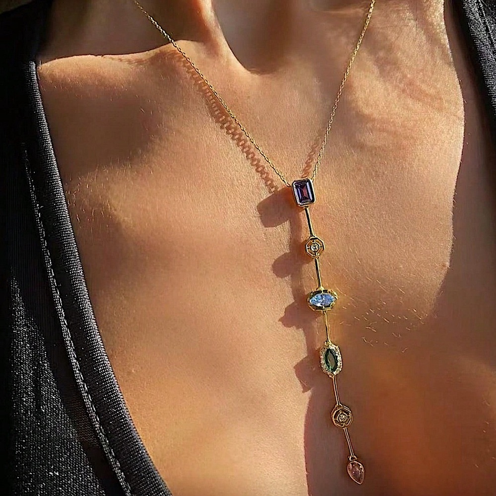 Gold Plated Stainless Steel Multicolor Zircon Tier Necklace Statement - Picture 8 of 17